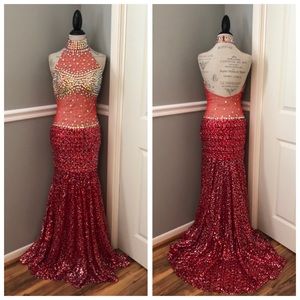 NEW PANOPLY SZ 8 RED HIGH COLLAR LOW BACK JEWELED ILLUSION SEQUIN EVENING GOWN